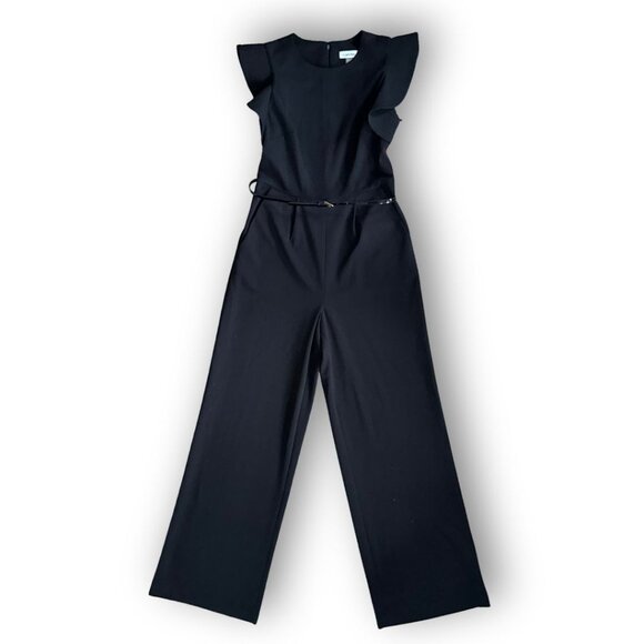 NWT Calvin Klein Black Belted Ruffle Sleeve Jumpsuit Size 6 - Picture 4 of 7